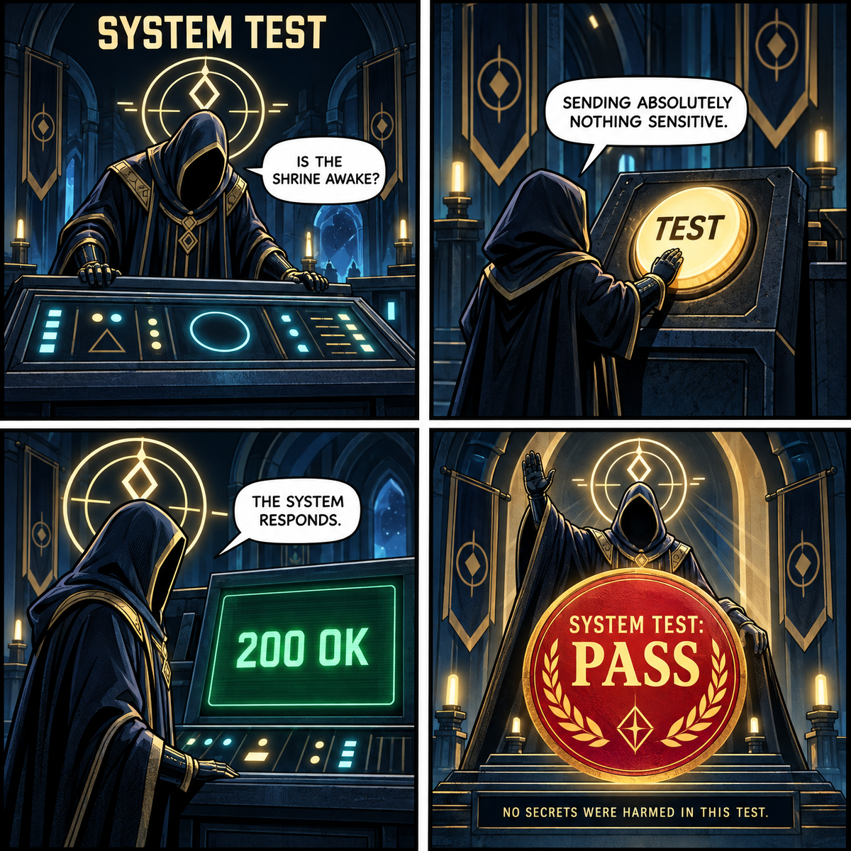 Four-panel OTARGod system-test comic. OTAR asks if the shrine is awake; an acolyte presses a TEST button while sending nothing sensitive; a console returns 200 OK; the final panel stamps SYSTEM TEST: PASS and says no secrets were harmed.